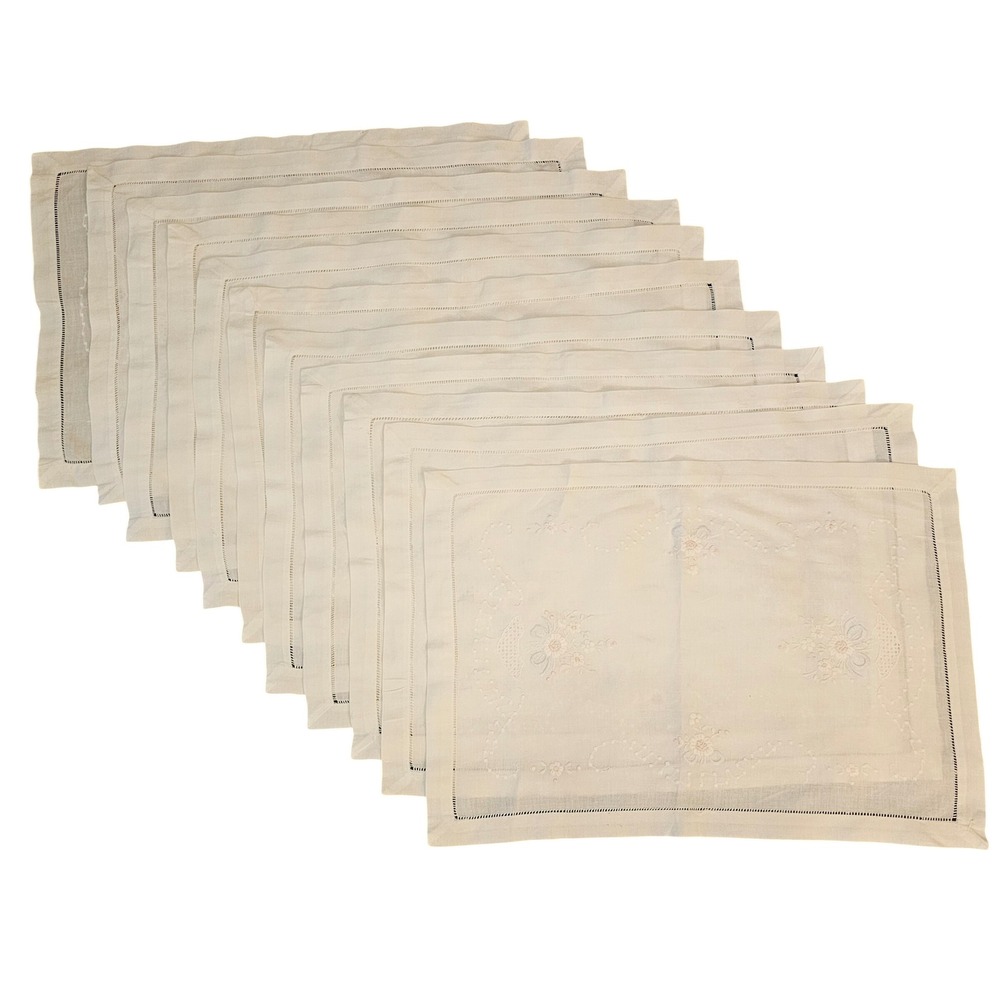 Vintage Hand Embroidered Floral Linen Placemats Set of 10 White Lace 19x13